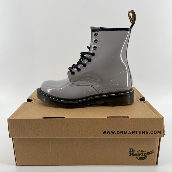 Patent Dr Marten Grey NEW Martens Lace Up Boots Zinc Grey Patent Leather